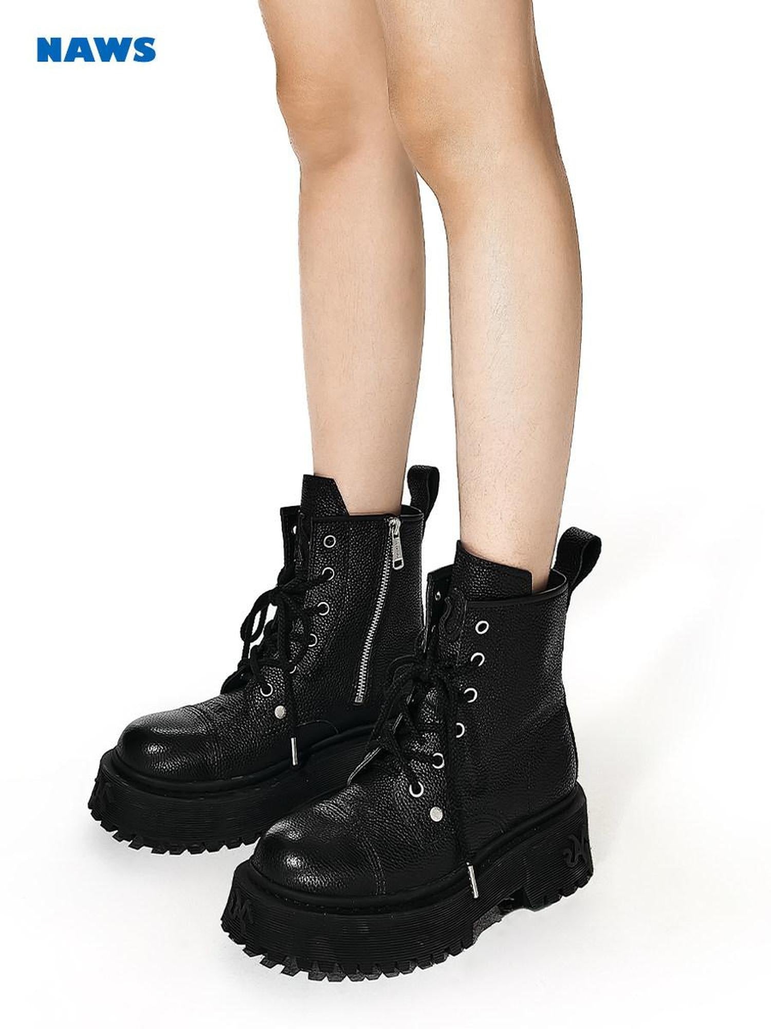 NAWSNOTAWEAR Genuine Leather Insulated British High Shaft Lace Up Mid Heel Martin Boots