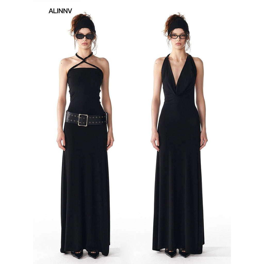 ALINNVSTUDIO_Elegant_Halter_Neck_Cinched_Waist_Modal_Sleeveless_Solid_Black_Grey_Maxi_Dresses_MISSTT
