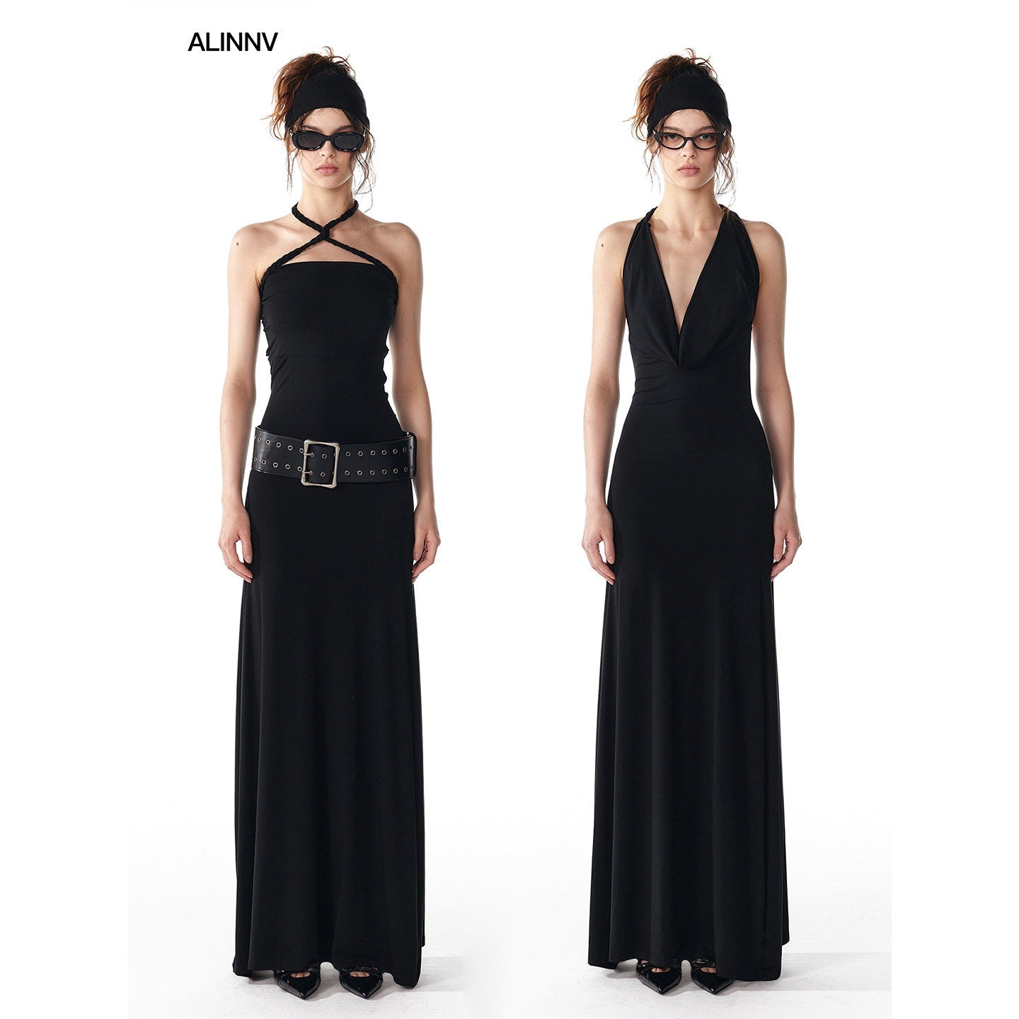 ALINNVSTUDIO_Elegant_Halter_Neck_Cinched_Waist_Modal_Sleeveless_Solid_Black_Grey_Maxi_Dresses_MISSTT