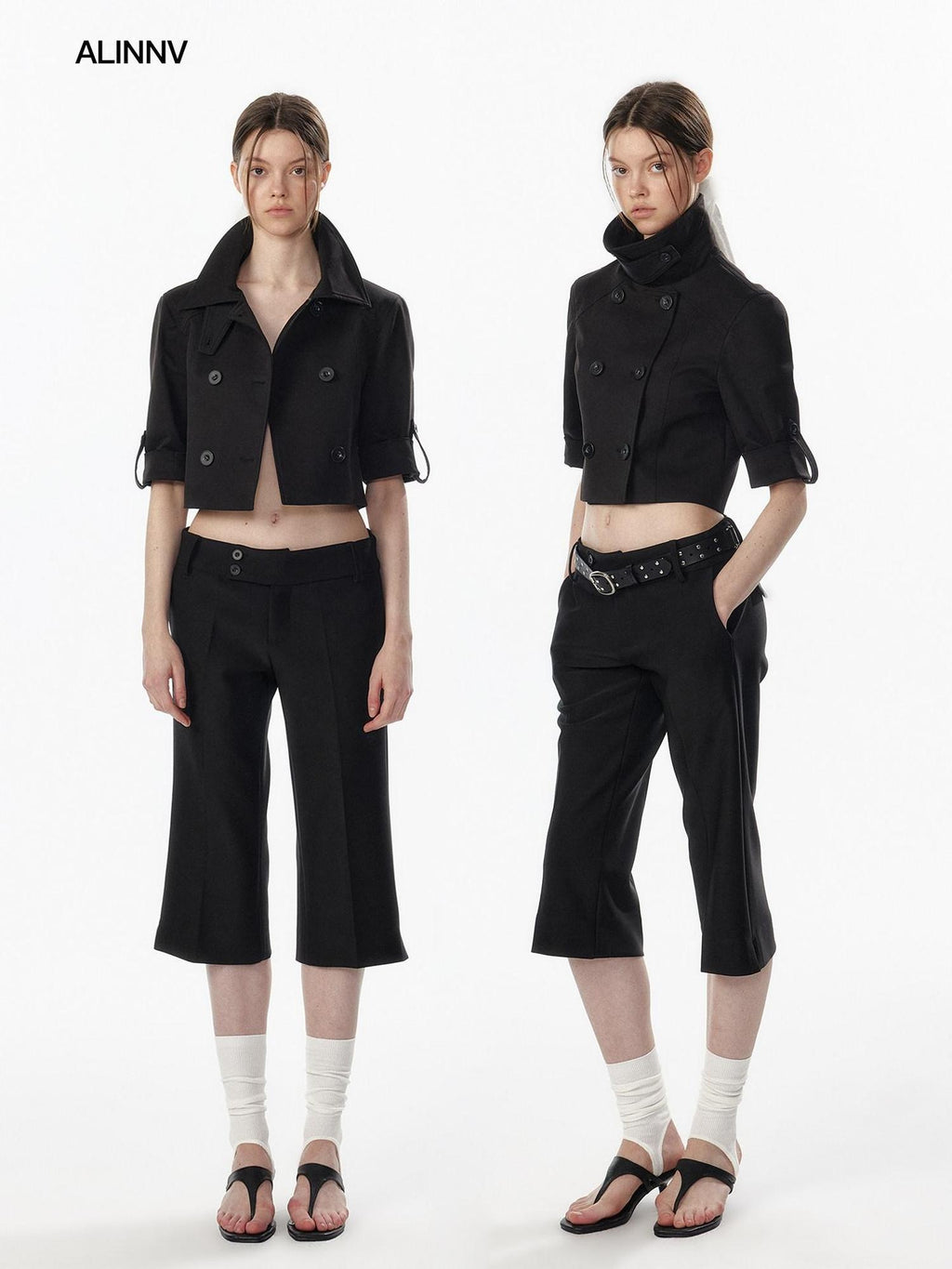 ALINNVSTUDIO Casual High Waist Double Breasted Cropped Black Cotton Blend Women Trench Coats