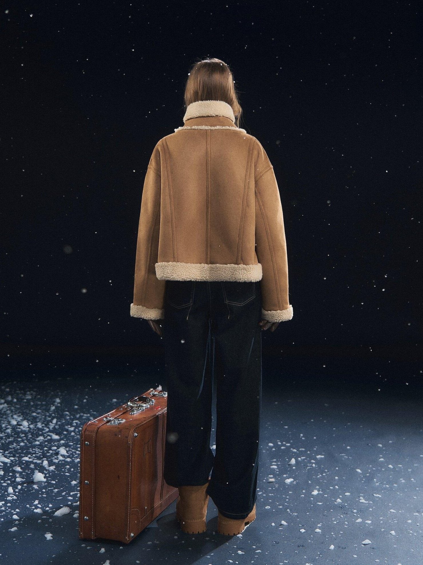 SOMESOWE Cozy Faux Sherpa Geometric Oversized Stand Collar Womens Brown Zipper Short Coat