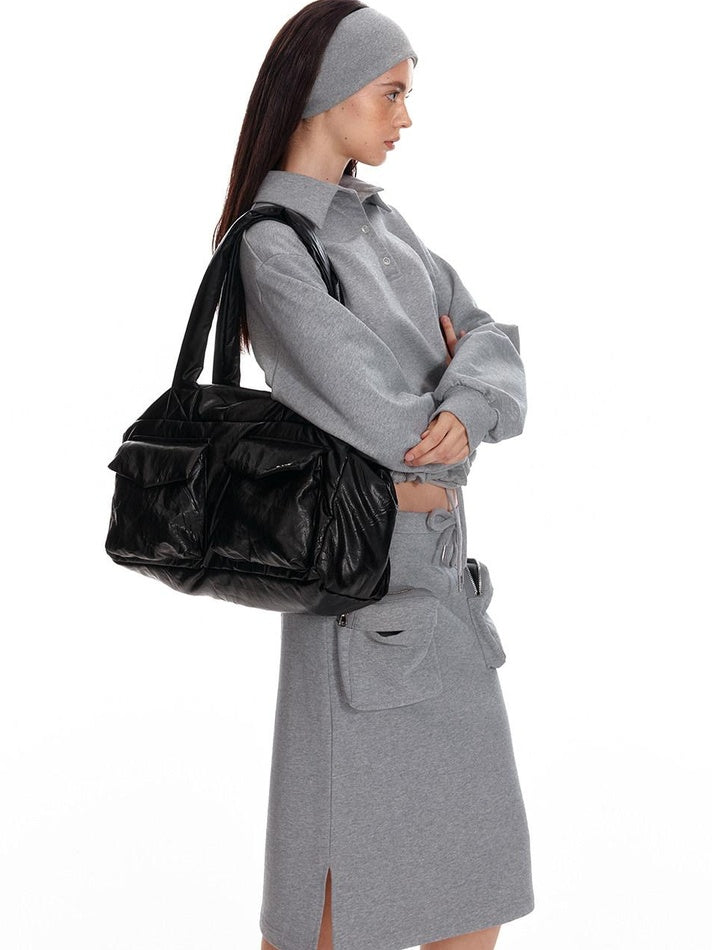 ALINNVSTUDIO Cropped Loose Fit Polo Collar Long Sleeve Commuter Solid Color Sweatshirt