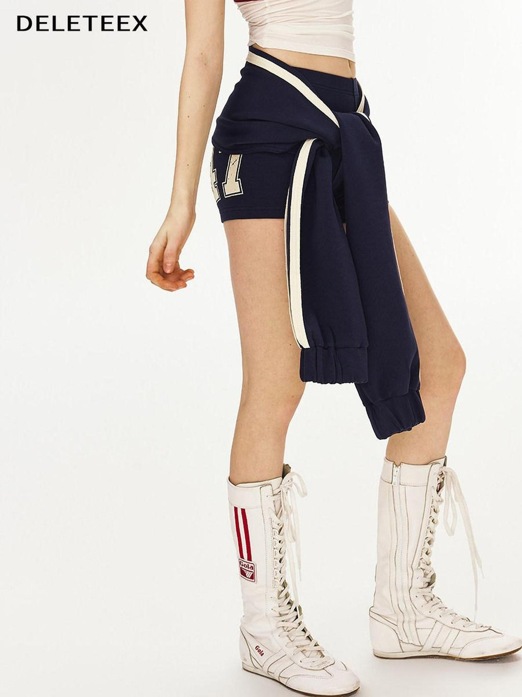 DeleteEx Stretch Knit Slim Natural Waist Cotton Blend Minimalist Beige Navy Mini Shorts
