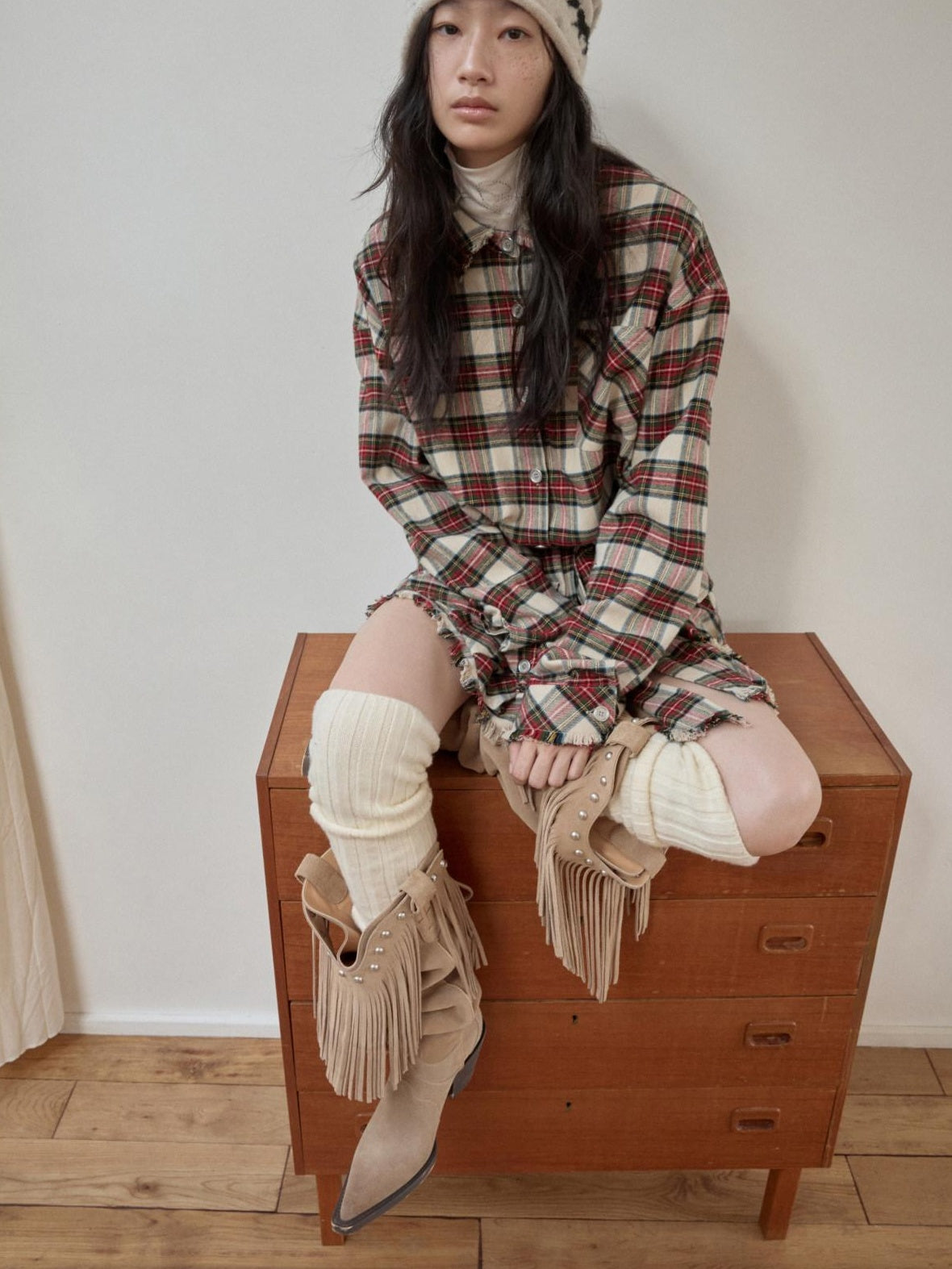 1JINN STUDIO Cotton Plaid Workwear Loose Straight Fit Long Sleeve Casual Women Mini Dresses