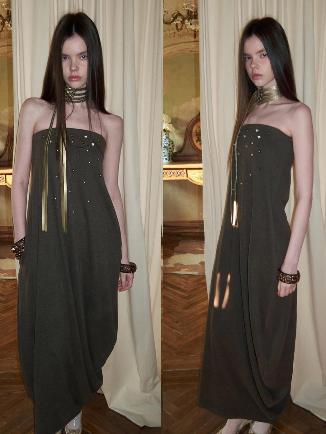 1JINN STUDIO Viscose Blend Vintage Sleeveless Loose Bubble Skirt Casual Maxi Dresses