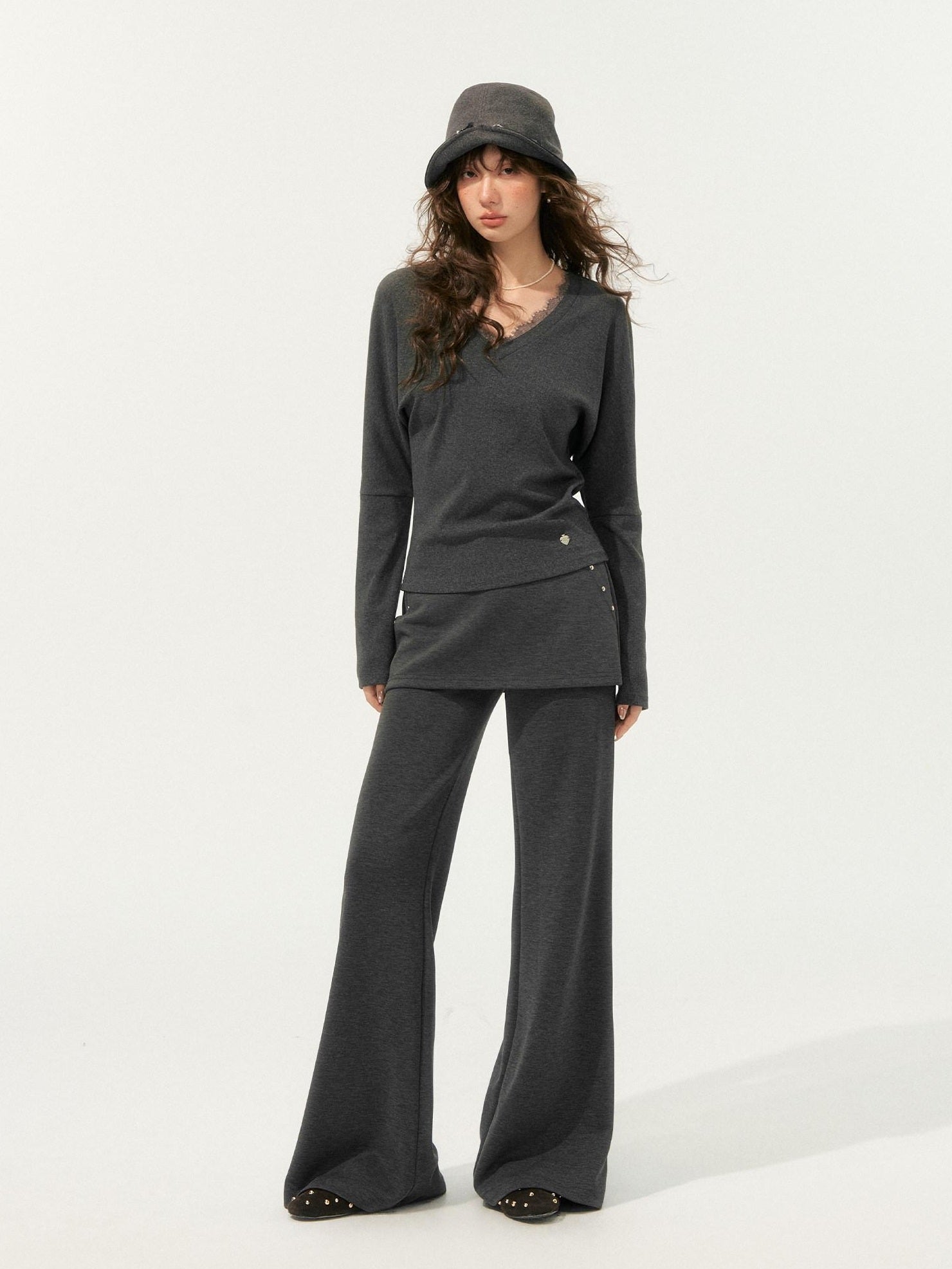SOMESOWE Cozy Knit V-neck Cropped Batwing Top Loose Straight Pants Top & Pants Sets