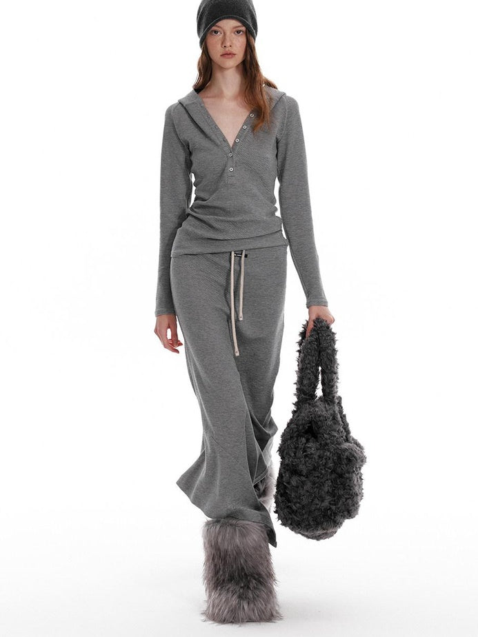 ALINNVSTUDIO Cozy Hooded Long Sleeve Button Front Curved Hem Youth Gray Top & Skirt Sets