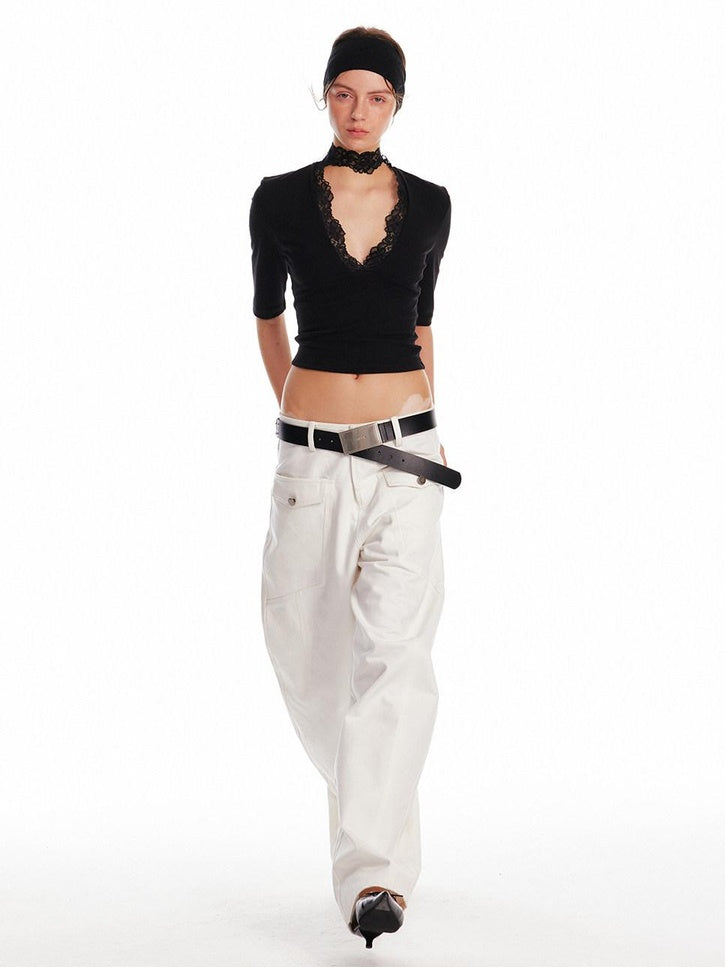 ALINNVSTUDIO Lace Trim V-neck Slim Fit Office Half Sleeve Solid Black White Basic Crop Tops