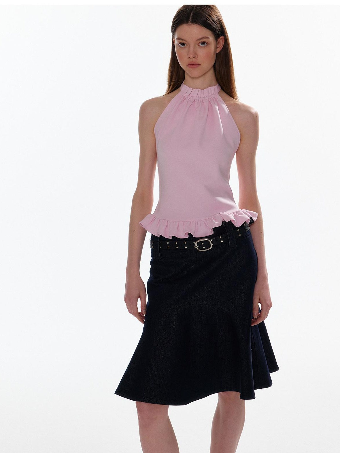ALINNVSTUDIO Ruffle Trim Cropped Fitted Waist Halter Mock Neck Women Modal Blend Tank Tops