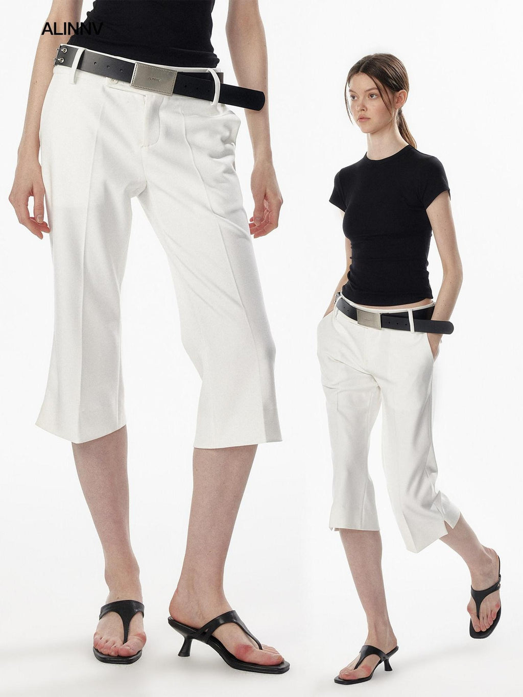ALINNVSTUDIO Low Waist Button Detail Slim Side Slit Womens Polyester Mid-Length Shorts