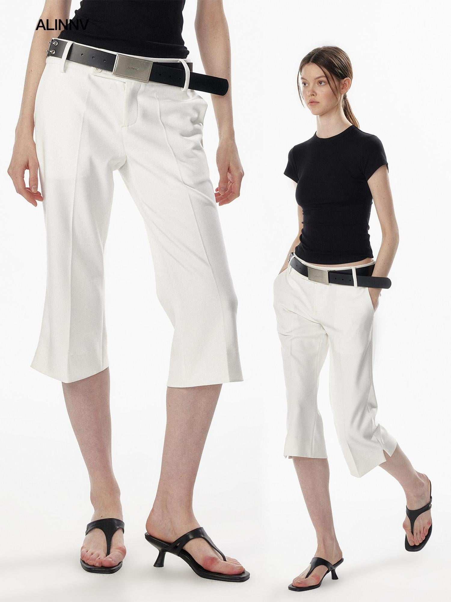 ALINNVSTUDIO Low Waist Button Detail Slim Side Slit Womens Polyester Mid-Length Shorts