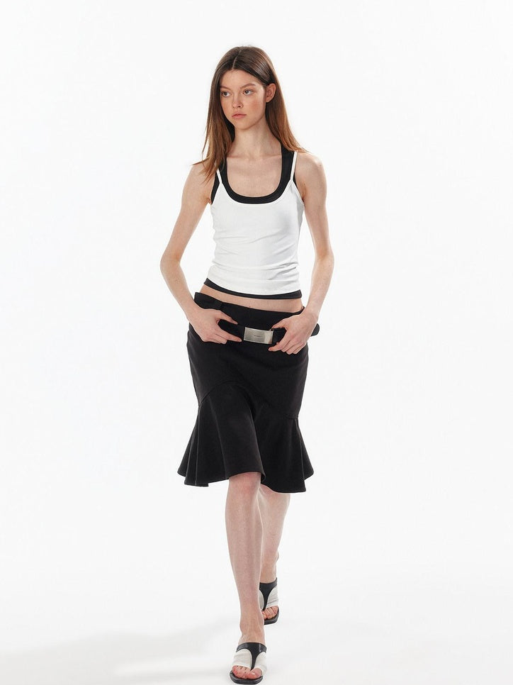 ALINNVSTUDIO Lined Wide Waistband Fishtail Mermaid Back Zipper Women Black Denim Midi Skirts