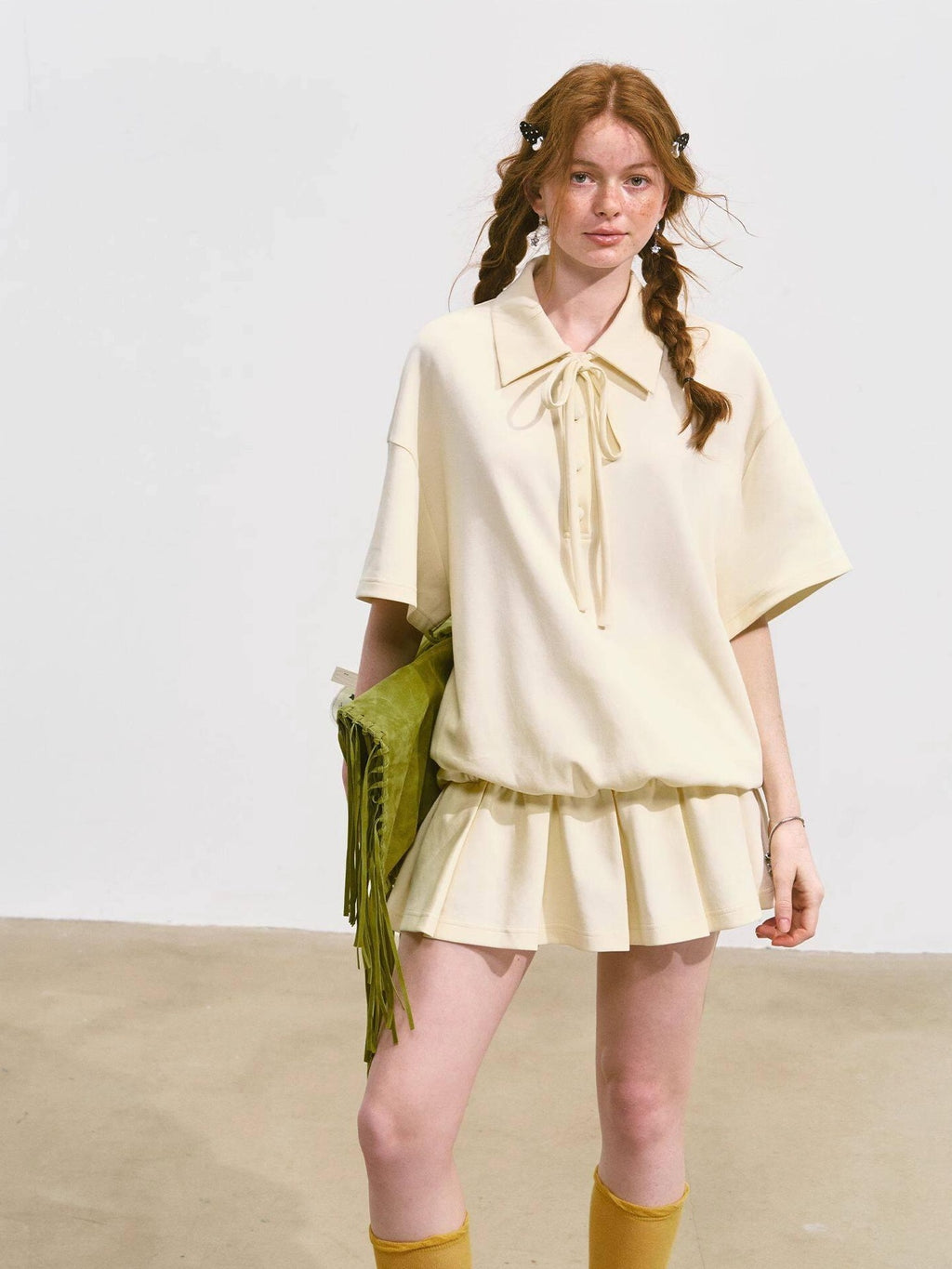 SOMESOWE Cotton Blend Minimal Tie A Line Tee Office Beige Mini Dresses