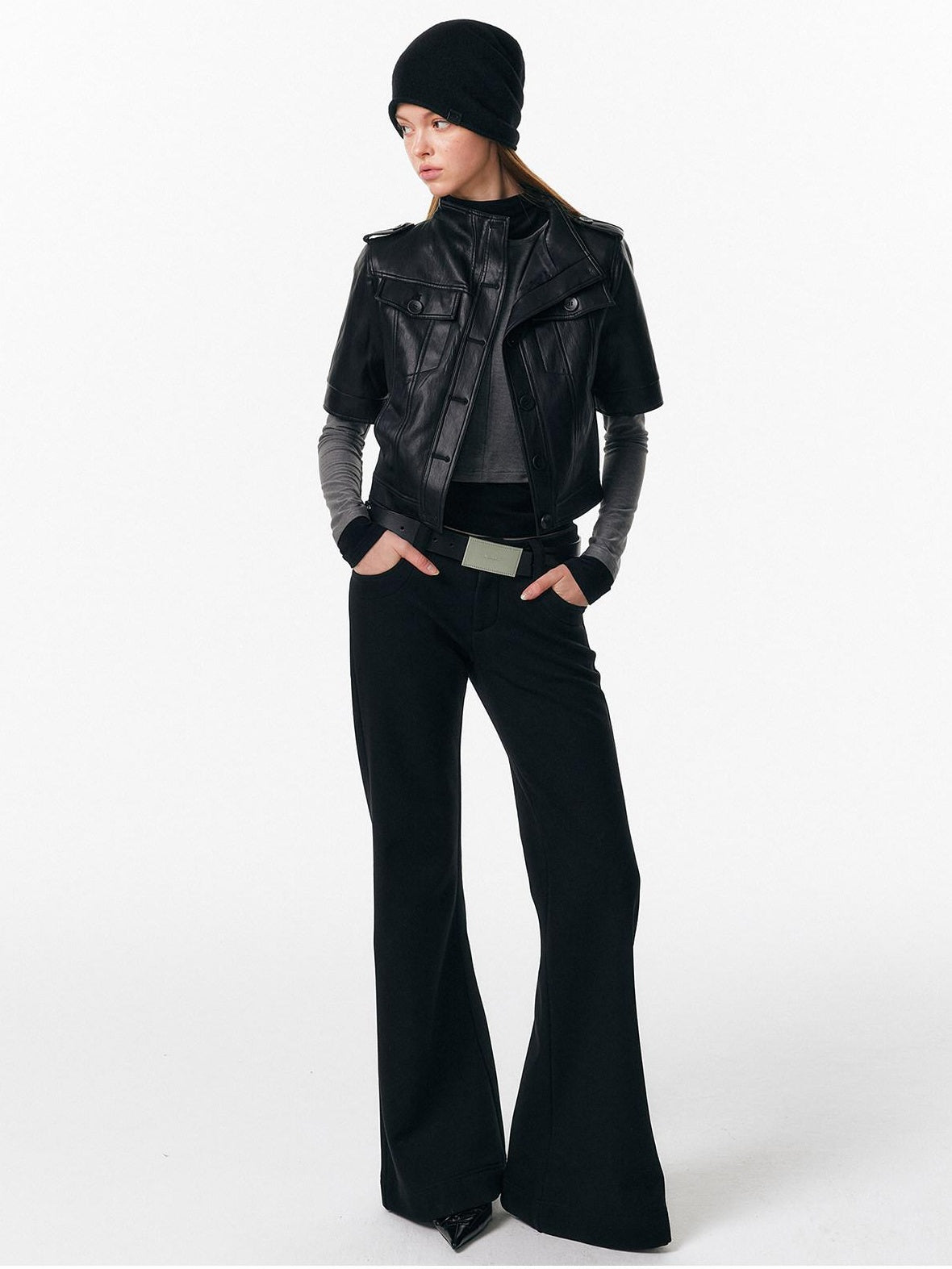 ALINNVSTUDIO Sleek Pu Slim Fit Cropped Short Sleeve Stand Collar Women Leather Jackets
