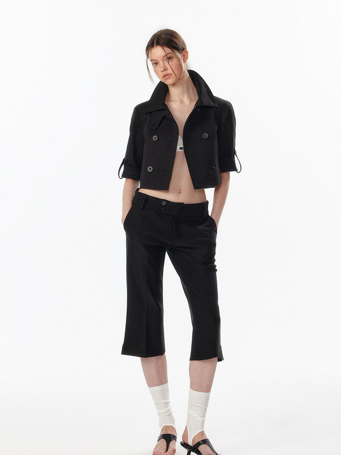 ALINNVSTUDIO Casual High Waist Double Breasted Cropped Black Cotton Blend Women Trench Coats