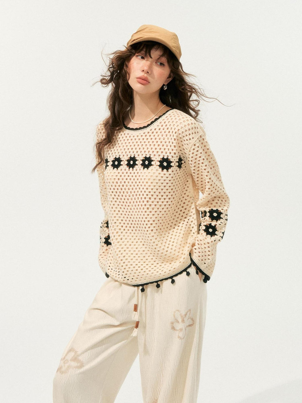 SOMESOWE Soft Acrylic Loose Openwork Knit Pullover Women Casual Round Neck Beige Sweaters