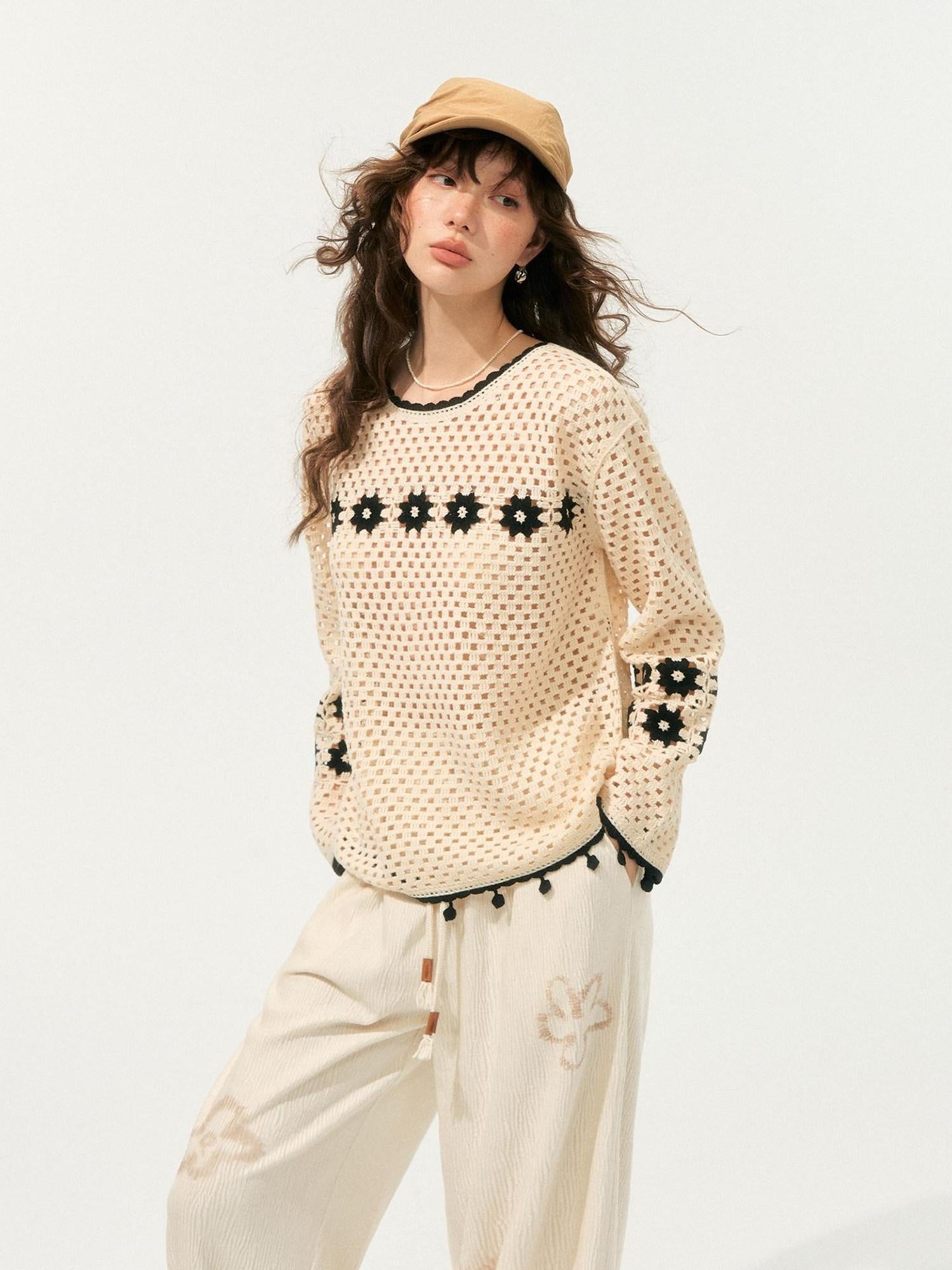 SOMESOWE Soft Acrylic Loose Openwork Knit Pullover Women Casual Round Neck Beige Sweaters