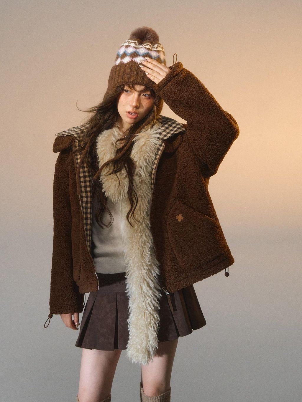 SOMESOWE Reversible Plaid Loose Fit Short Button Women Brown Polyester Jackets