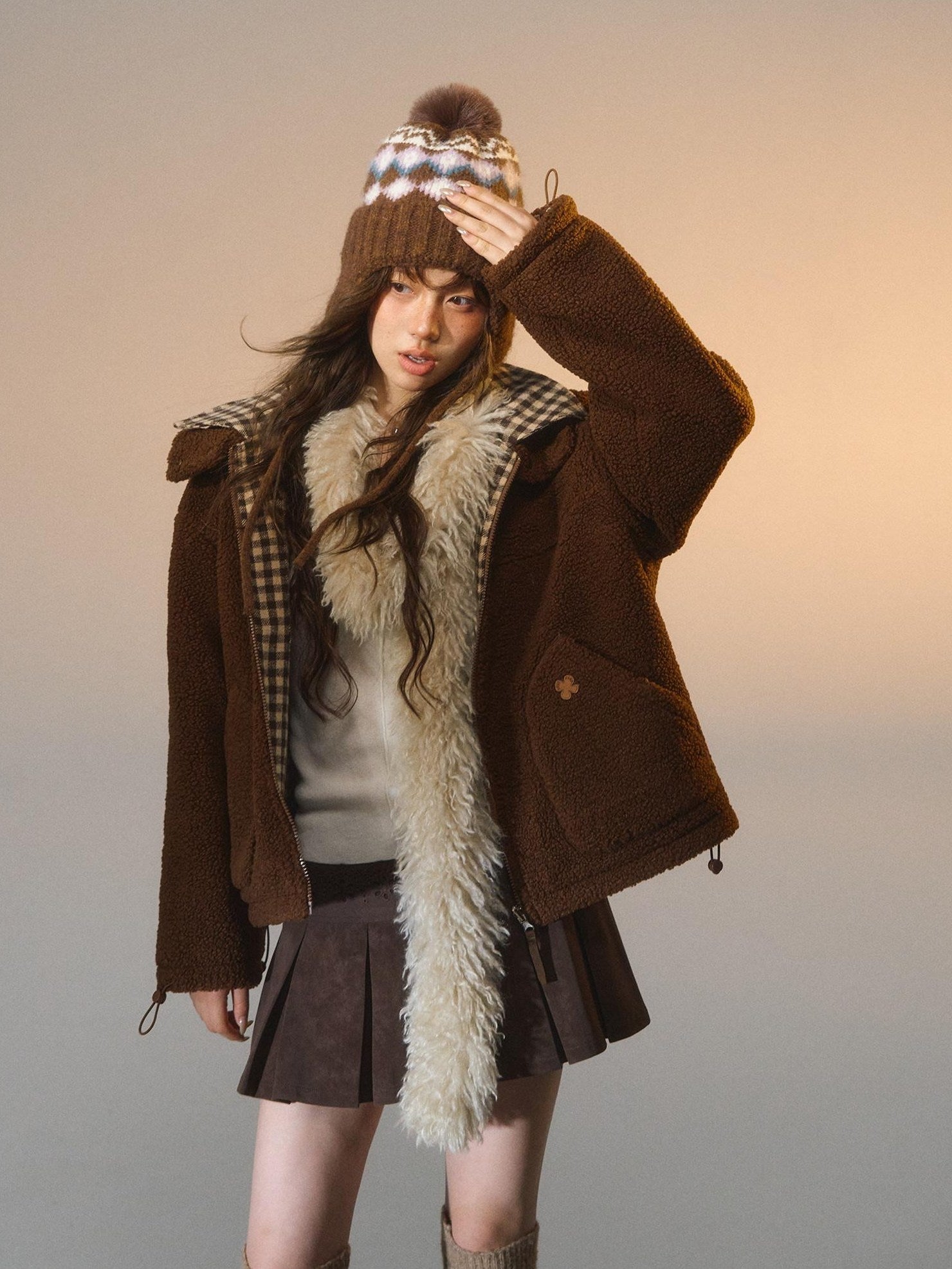 SOMESOWE Reversible Plaid Loose Fit Short Button Women Brown Polyester Jackets