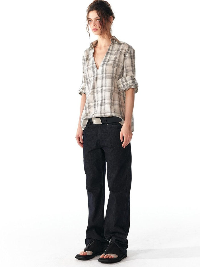 ALINNVSTUDIO Soft Lyocell Cupro Blend Oversized V-neck Button Front Plaid Casual Shirts