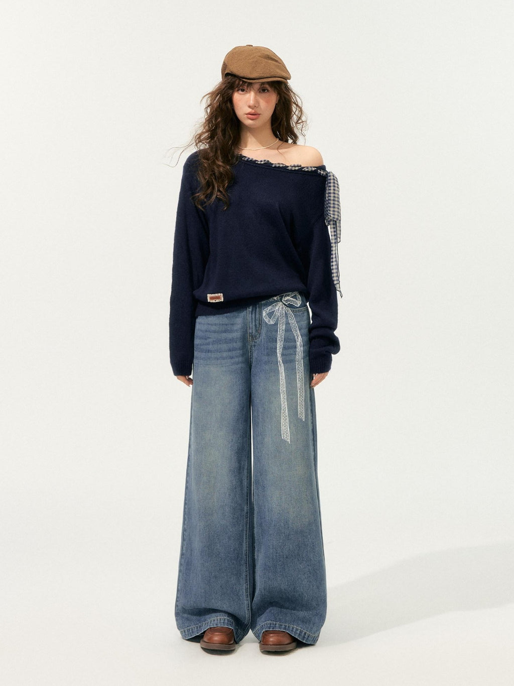 SOMESOWE Slight Stretch Cotton Natural Waist Hot Girl Straight Blue Button Wide Leg Jeans