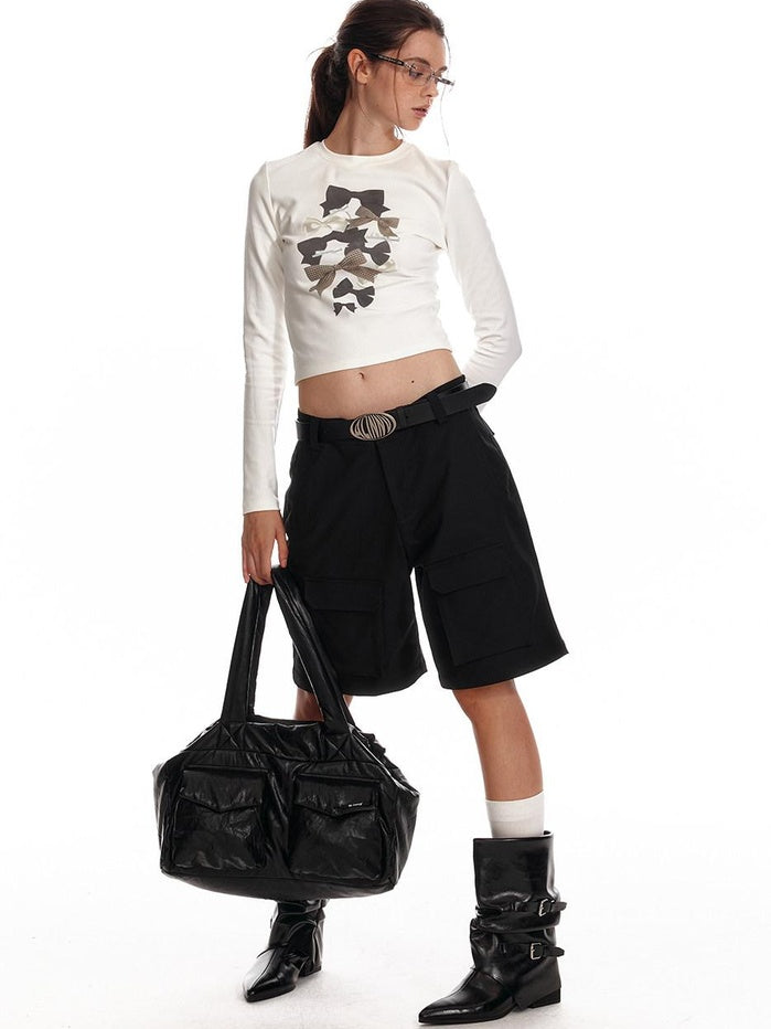 ALINNVSTUDIO Soft Cotton Printed Cropped Slim Fit Crew Neck Women Casual Long Sleeve T-Shirts
