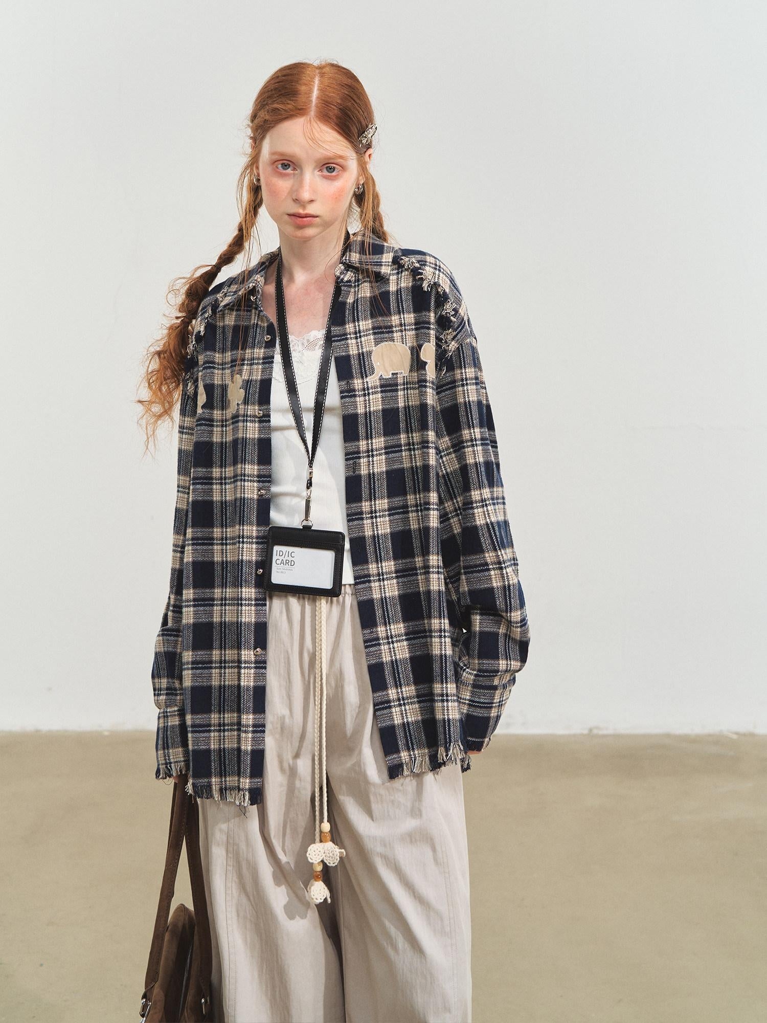 SOMESOWE Durable Fringe Plaid Loose Polo Collar Long Sleeve Women Wool Shirts