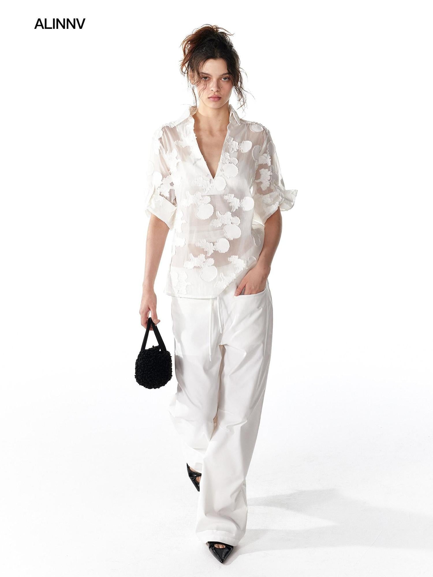 ALINNVSTUDIO Original Design Loose V-neck Short Sleeve Button Front Women Solid White Blouses