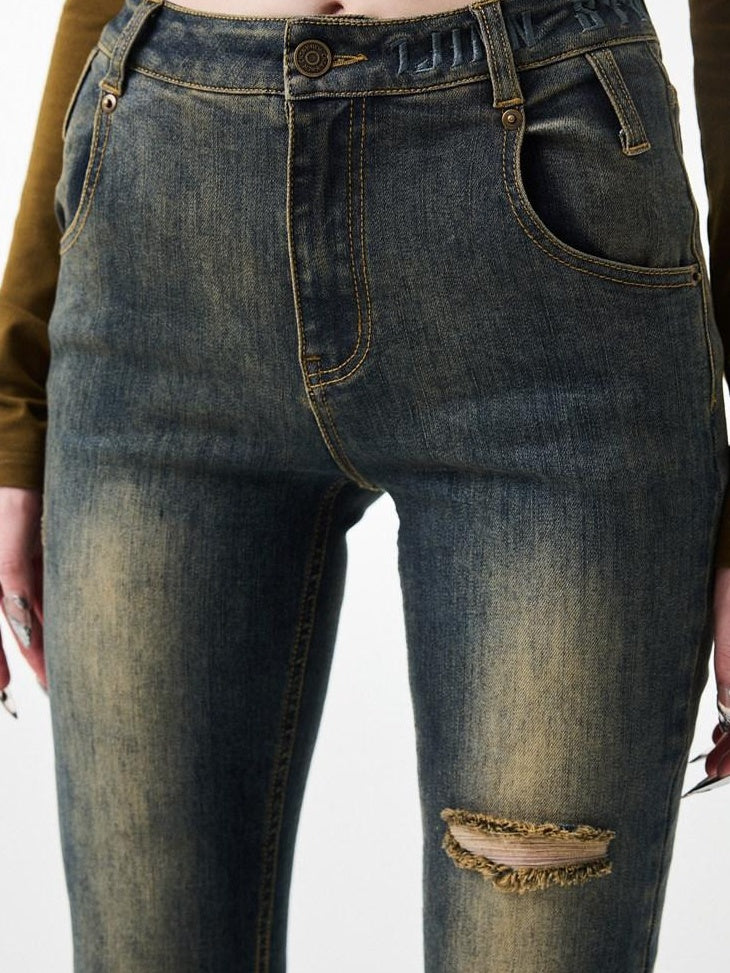 1JINN STUDIO Thick Micro Stretch Vintage Washed Slim Natural Waist Women Denim Flared Jeans