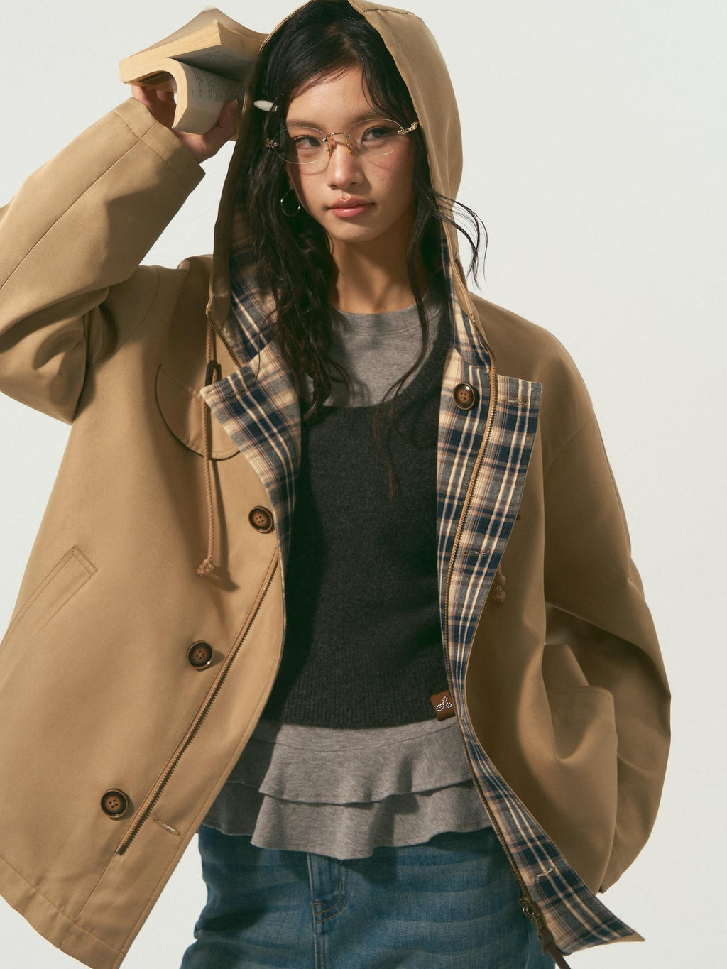 SOMESOWE Versatile Hooded Mid Length Loose Fit Women Plaid Polyester Jackets