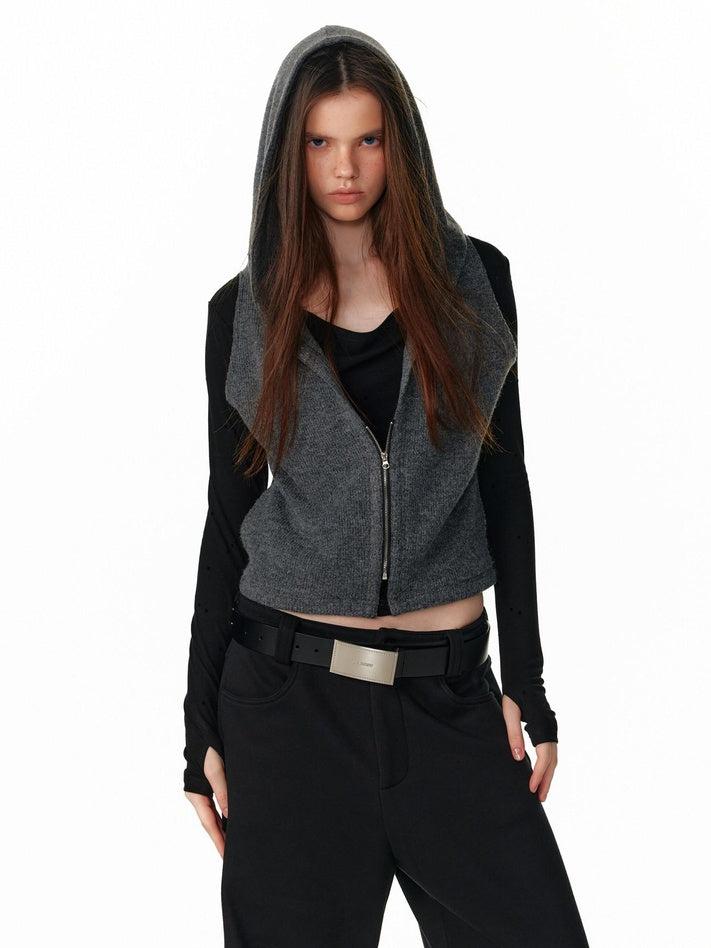 ALINNVSTUDIO Vintage Faux Layered Hooded Zip Knit Short Length Women Black Gray Cardigans