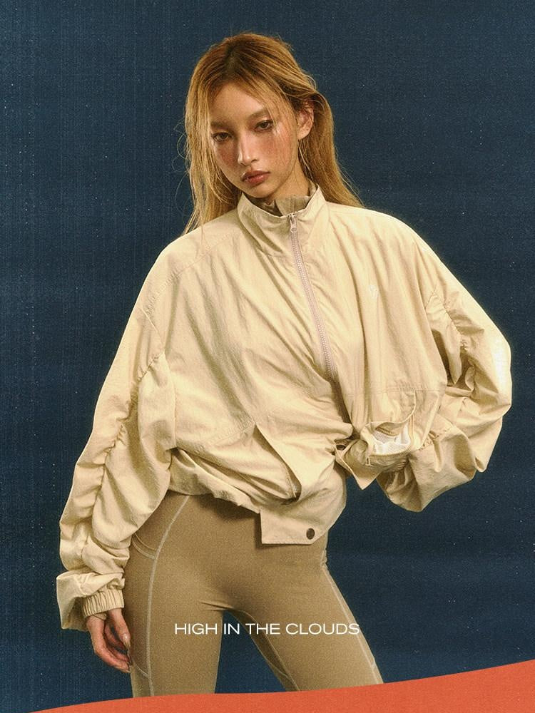 NAWSNOTAWEAR Pleated Detail Loose Fit Commuter Nylon Zip Front Turndown Collar Bomber Jackets