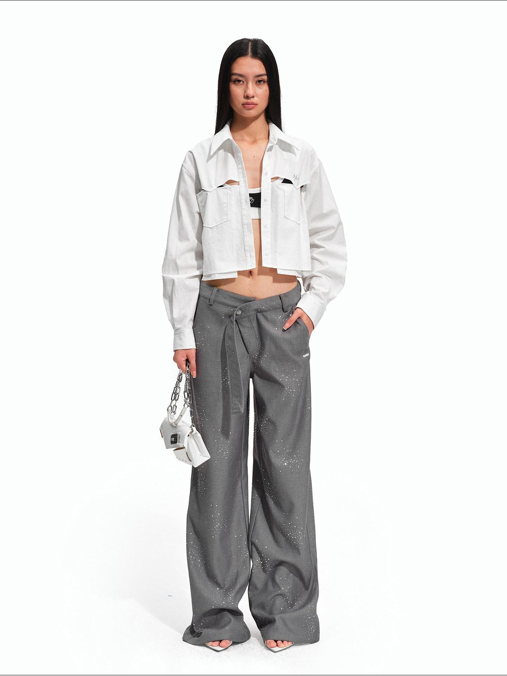 NAWSNOTAWEAR Rhinestone Low Rise Relaxed Women Button Closure Mist Gray Wide Leg Pants