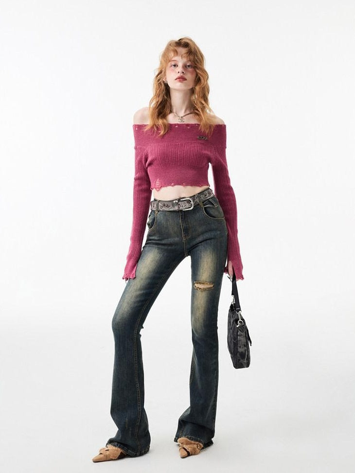 1JINN STUDIO Thick Micro Stretch Vintage Washed Slim Natural Waist Women Denim Flared Jeans