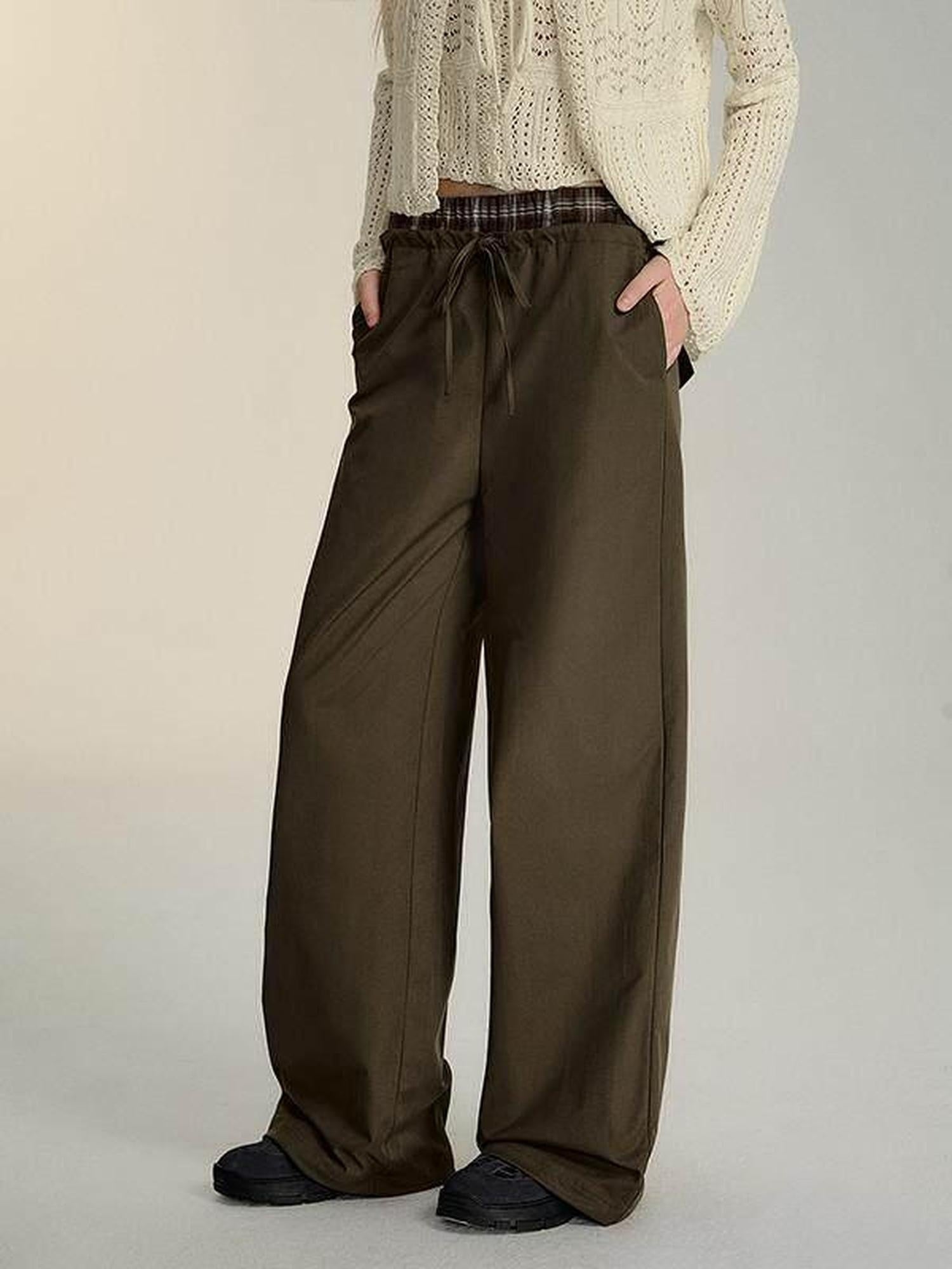 SOMESOWE Minimalist Double Waist Drawstring Natural Waist Office Women Wide Leg Pants