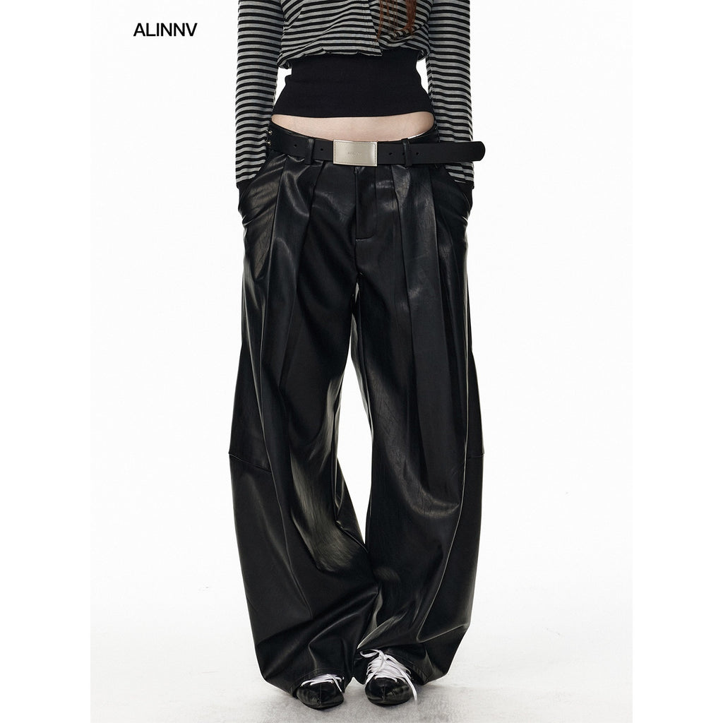 ALINNVSTUDIO_Pu_Leather_Utility_Natural_Waist_Curved_Seam_Black_Women_Wide_Leg_Pants_MISSTT
