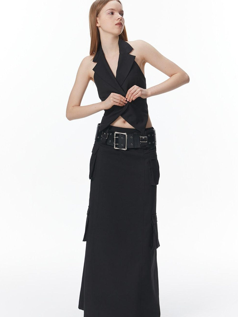 ALINNVSTUDIO Studded Embossed Smooth Split Leather Casual Unisex Prong Buckle Belts