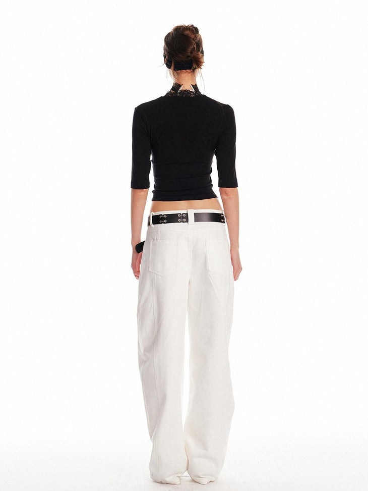 ALINNVSTUDIO Lace Trim V-neck Slim Fit Office Half Sleeve Solid Black White Basic Crop Tops