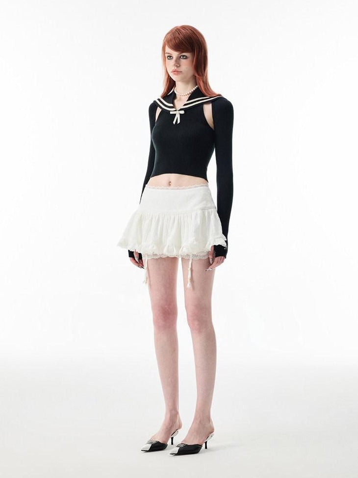 1JINN STUDIO Lace Tiered A Line Mid Waist Commuter Daily Youth Black White Mini Skirts