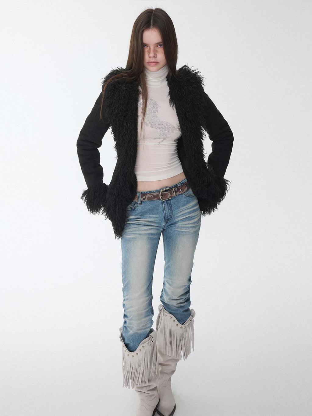 1JINN STUDIO Cozy Cropped Slim Fit Casual Crew Neck Women Black Camel Faux Fur Coats