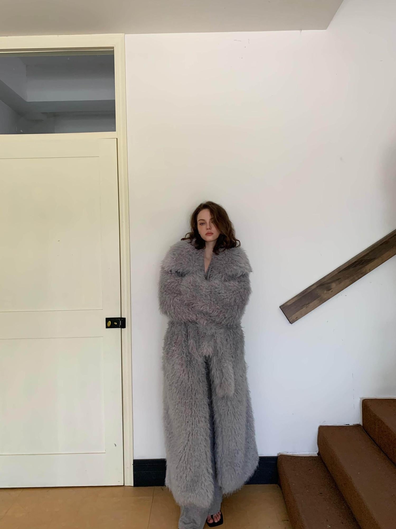 BUZHOU Luxurious Plush Fox Inspired Round Neck Longline Gray S M L Faux Fur Coats