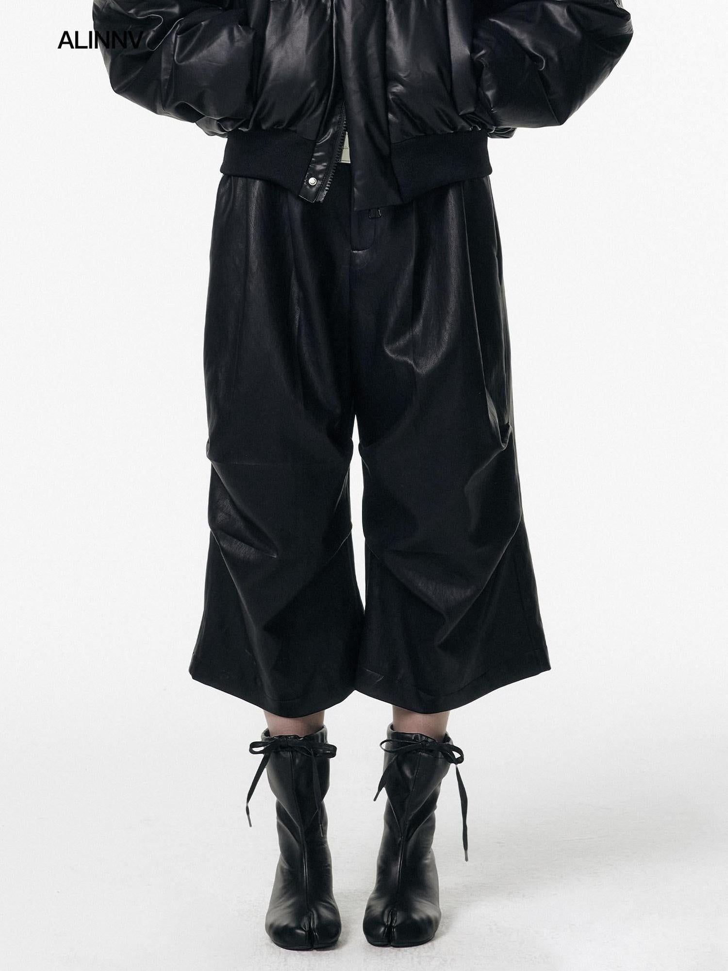 ALINNVSTUDIO Pu Pleated Low Waist Button Fly Irregular Fold Casual Women Black Wide Leg Pants