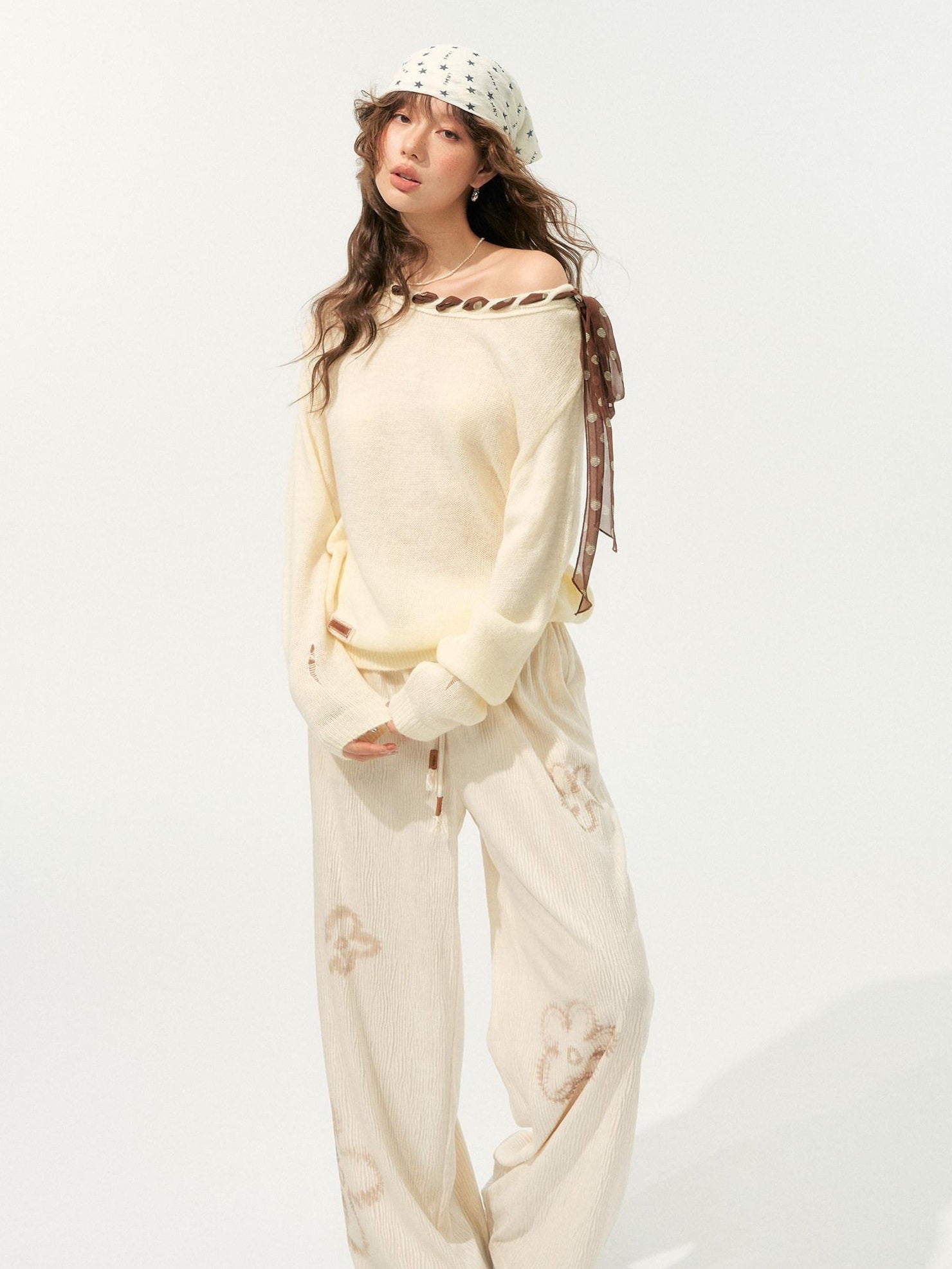 SOMESOWE Pleated Floral Pocket Loose Beige Womens Polyester Wide Leg Pants