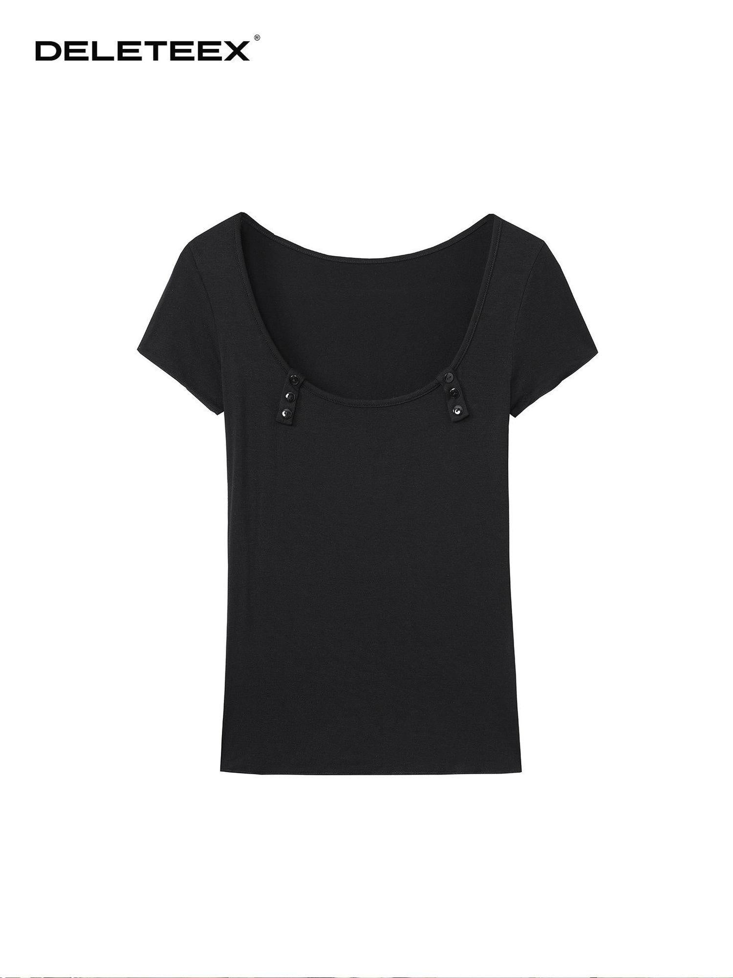 DeleteEx Button U Neck Casual Regular Fit Women Solid Black White Short Sleeve T-Shirts