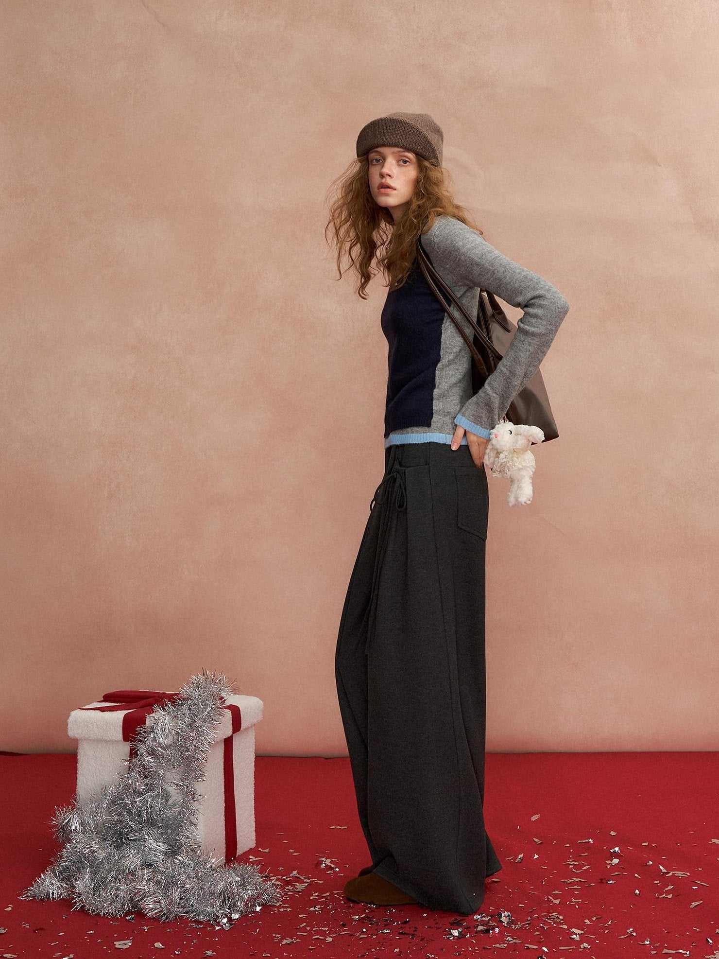 SOMESOWE Pleated Pockets Bow Print Natural Waist Casual Women Wide Leg Pants