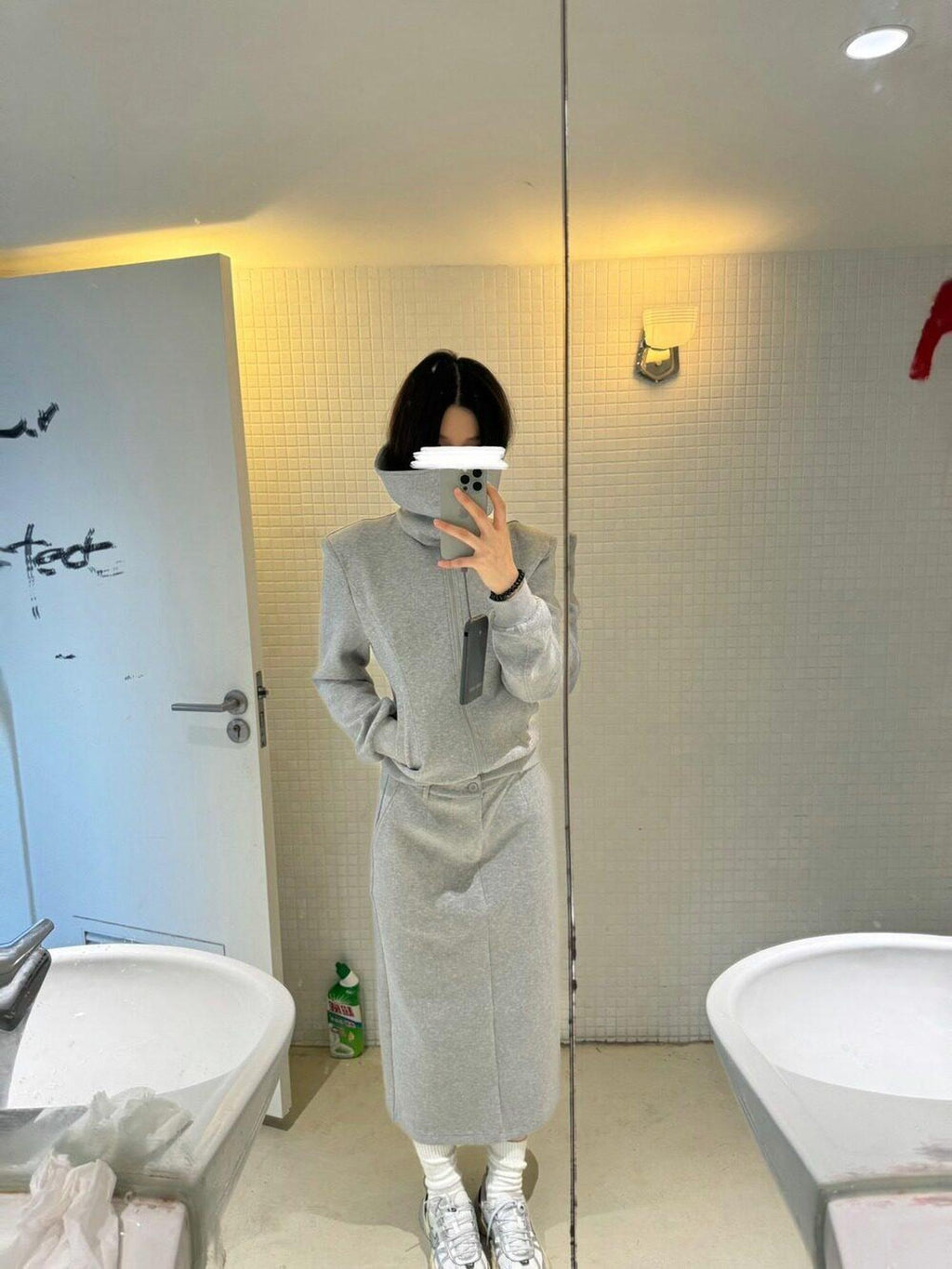 BUZHOU Zip Stand Collar Long Sleeve Stretch Cotton Commuter Grey Women Top & Skirt Sets