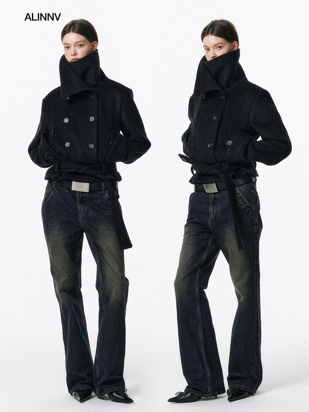 ALINNVSTUDIO Retro Washed Lowrise Micro Flare Cotton Button Fly Women Commute Flared Jeans