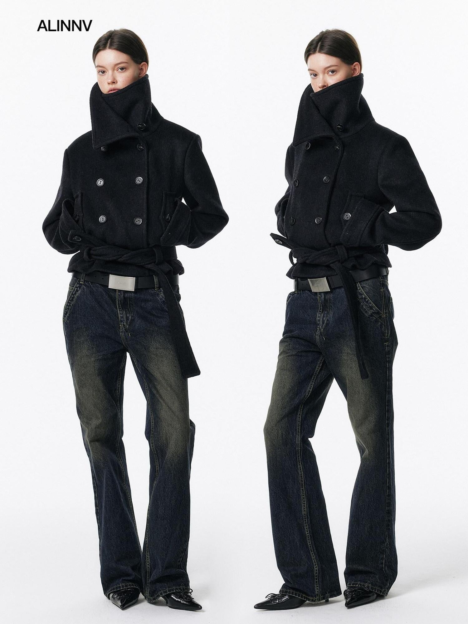 ALINNVSTUDIO Retro Washed Lowrise Micro Flare Cotton Button Fly Women Commute Flared Jeans
