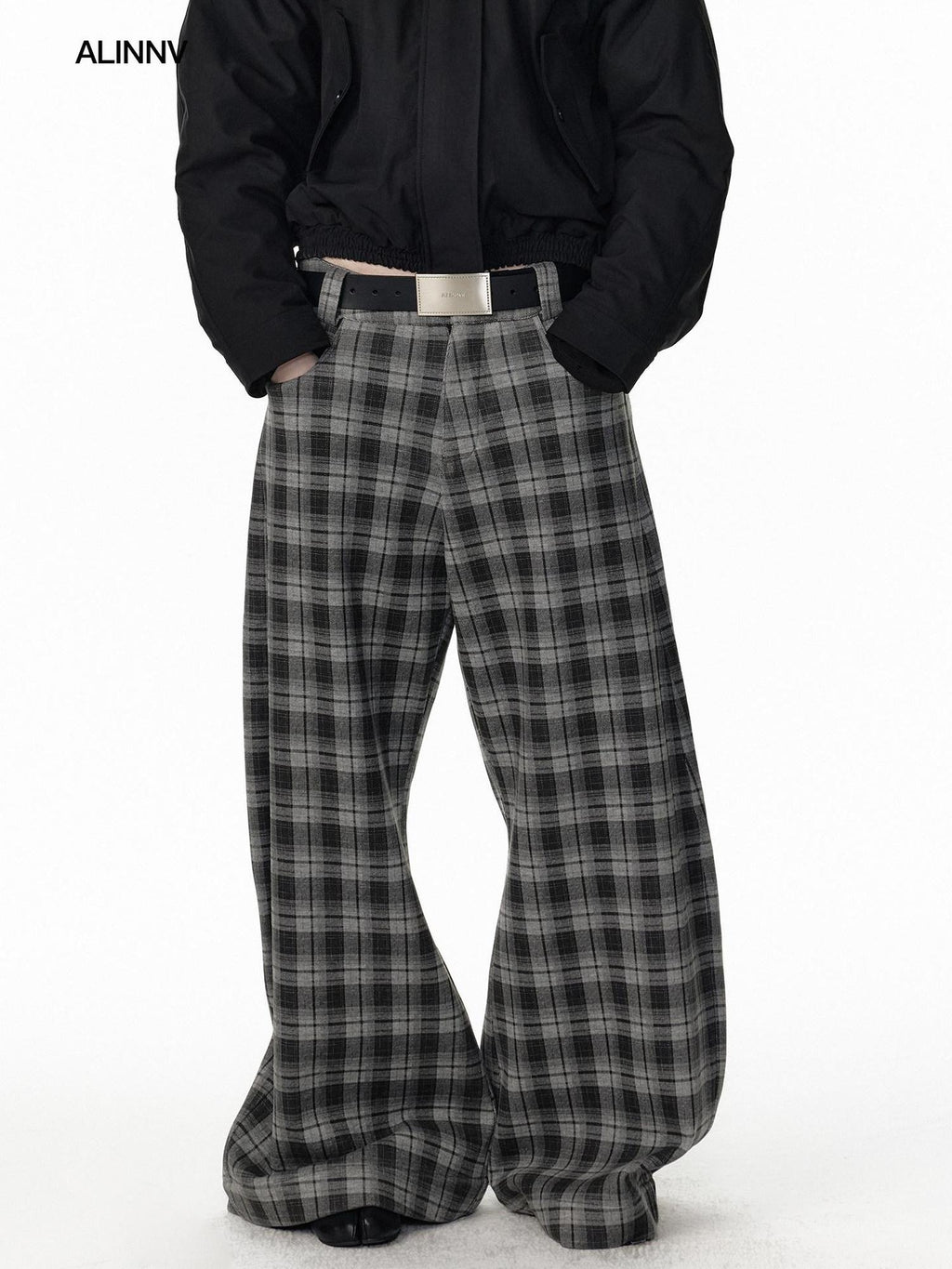 ALINNVSTUDIO Plaid Low Rise Loose American Style Zipper Front Women Wide Leg Pants