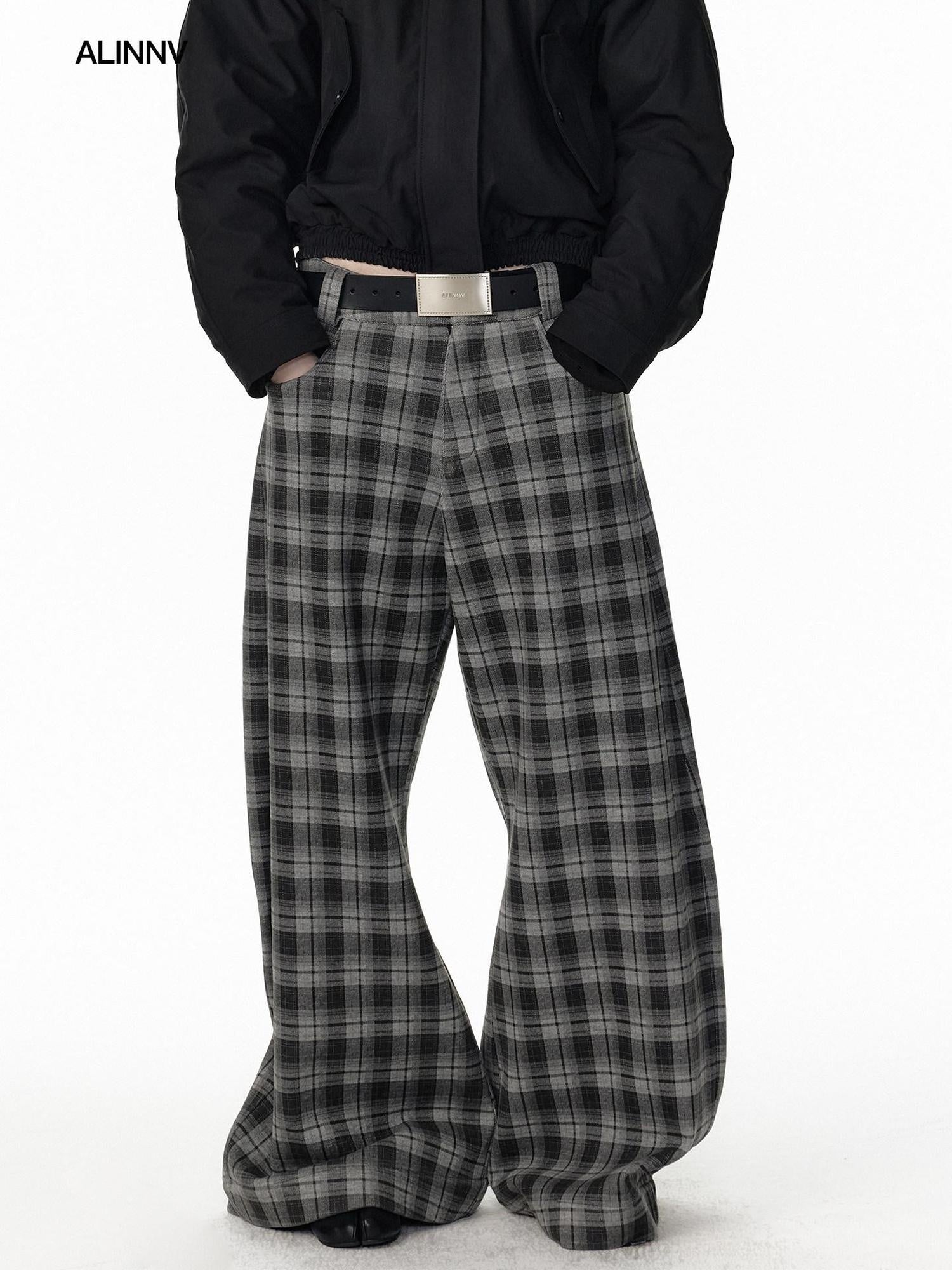 ALINNVSTUDIO Plaid Low Rise Loose American Style Zipper Front Women Wide Leg Pants